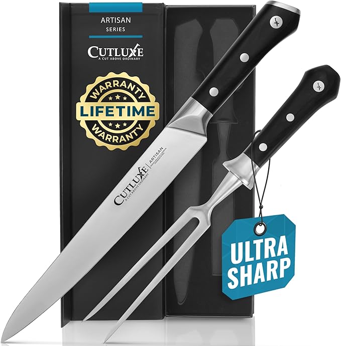 Cutluxe Turkey Carving Knife Set – Carving Fork & Knife for Meat, BBQ, Brisket – Razor Sharp Premium German Steel Full Tang, Ergonomic Handle Artisan Series