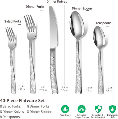 40-Piece Silverware Set, Silver Hammered Stainless Steel Flatware Sets for 8, Food-Grade Tableware Set, Including Fork Knife Spoon Set, Home Kitchen Cutlery Sets, Dishwasher Safe