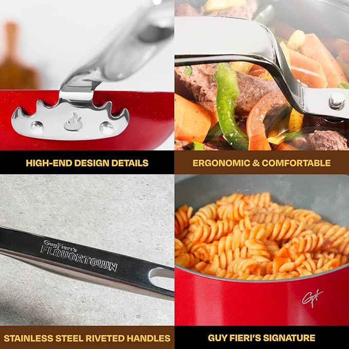 Guy Fieri's Flavortown 11-Piece Ceramic Cookware Set, Nonstick Pots and Pans for Cooking, Made without PFAS PTFE PFOA, Oven Safe, Dishwasher Safe, Easy to Clean Everyday Cookware, Red