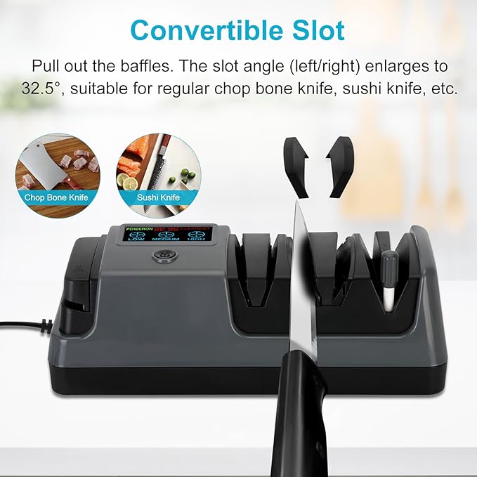 5 in 1 Electric Knife Sharpener with LCD Screen, 3 Rotational Speed Adjustable, 100% Diamond Abrasives, Electric Knife Sharpener for Straight, Serrated, Meat Cleaver, Ceramic Knives & Scissors, Gray
