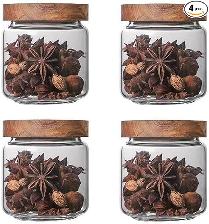 Glass jar candy Containers - 16oz kitchen Glass Airtight Storage jar With Acacia Airtight Lid，for kitchen Seasoning, coffee bean, tea, suger, herbs (4)
