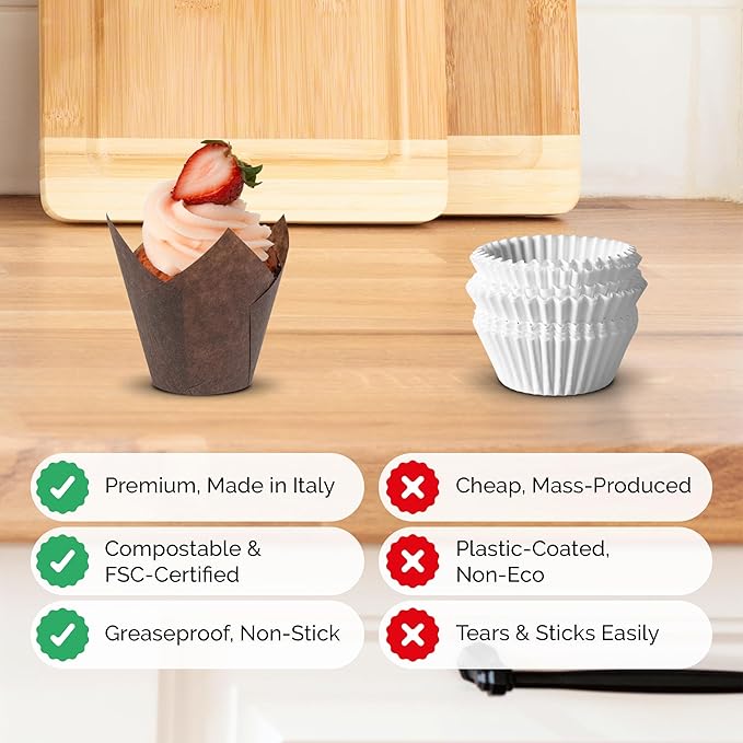 Tulip Cupcake & Muffin Liners – 50gsm Mini Floral Baking Cups – 250 Pcs Natural & Non Toxic Paper Wrappers for Wedding, Bakery, & Party Supplies, Brown, by BHI Packaging