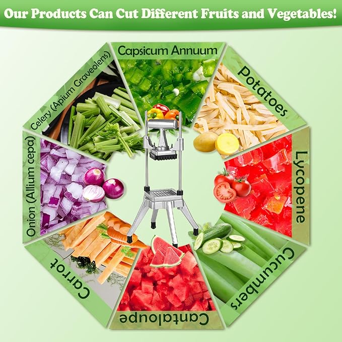 Commercial Vegetable Fruit Chopper, Stainless Steel Potato Cutter with 1/2 Inch, 3/8 Inch and 1/4 Inch Blades, Durable French Fry Cutter, Easy Clean Manual Cutter for Tomatoes Peppers Mushrooms
