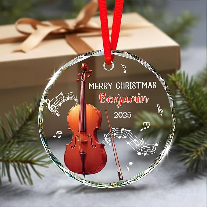 Cello Christmas Tree Glass Ornament, Personalized Text & Name Cello Musical Instrument Xmas Ornament Gifts for Musical Lover, Cellist Christmas Ornaments 2025, Custom Instrument Player Glass Keepsake
