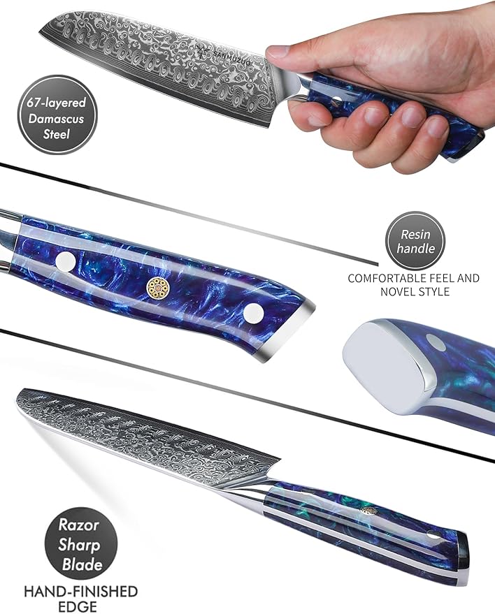 Santoku Knife - 7 inch - Xuan Series - VG10 Damascus Steel Kitchen Knife - Resin Handle (Sapphire Blue)