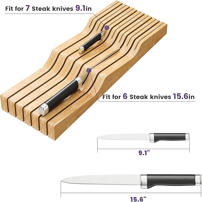 Bamboo In-Drawer Knife Block for 13 Knives(Not Included), Knife Drawer Organizer,Knife Holder Countertop,Block Knife Storage Organizer for Kitchen