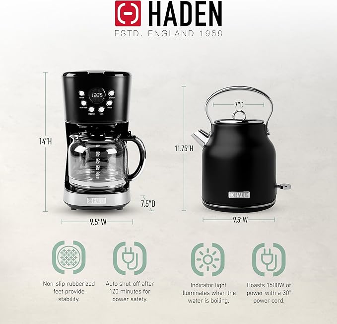 HADEN Coffee Machine, 12 Cup Drip Coffee Maker Bundled with Heritage 1.7 Liter Stainless Steel Electric Kettle, Black & Chrome