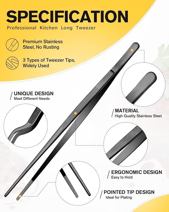Fine Cooking Tweezers Set, Professional Stainless Steel Food Tongs, Kitchen Black Long Chef Tweezer for Cooking, Plating, Decorating and BBQ (BLACK, 12 inch)