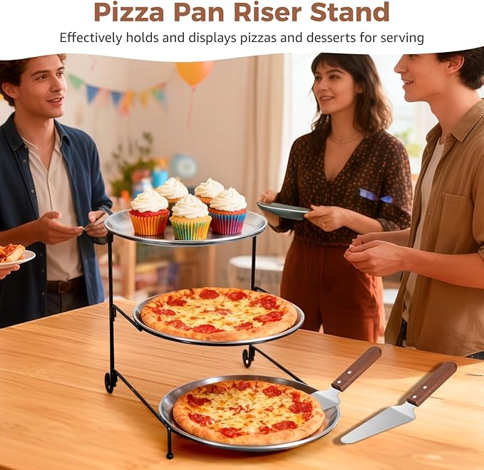 7 Pcs Pizza Pan Riser Stands Sets, Including 3 Tier Dessert Stand with Stainless Steel Pizza Pans(7.87in), and 3 Cake Spatulas for Cakes, Desserts, Pizza, Appetizers
