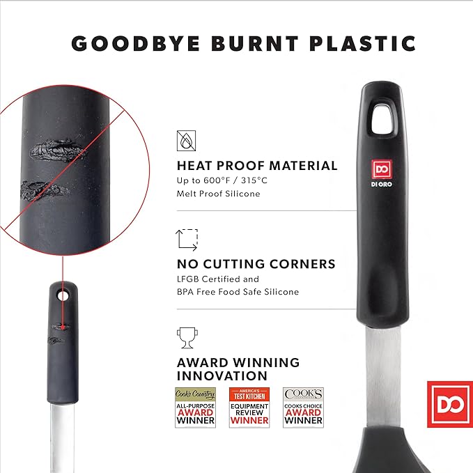 Silicone Turner Pancake Spatula - Nonstick Cookware Safe 600°F Heat-Resistant Flexible & Thin Cooking Flipper for Eggs - Reinforced Stainless Steel Core - BPA Free & Dishwasher Safe by DI ORO