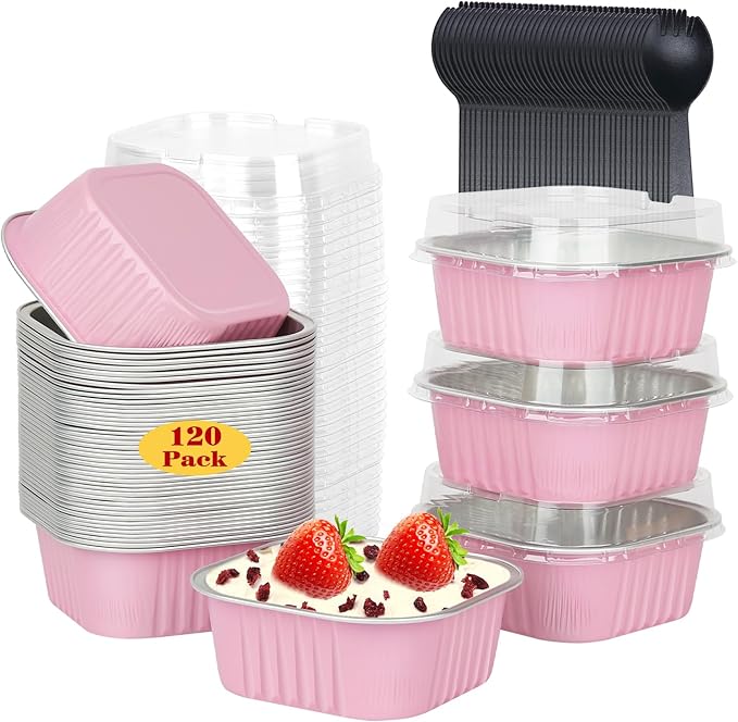 120pack 5oz Mini Cake Tins Cupcake Pan with Lids,LNYZQUS Aluminum Foil Baking Cups,Disposable Ramekins Small Brownie Muffin Pans Mini Cheesecake Containers for Home Bakery-Pink