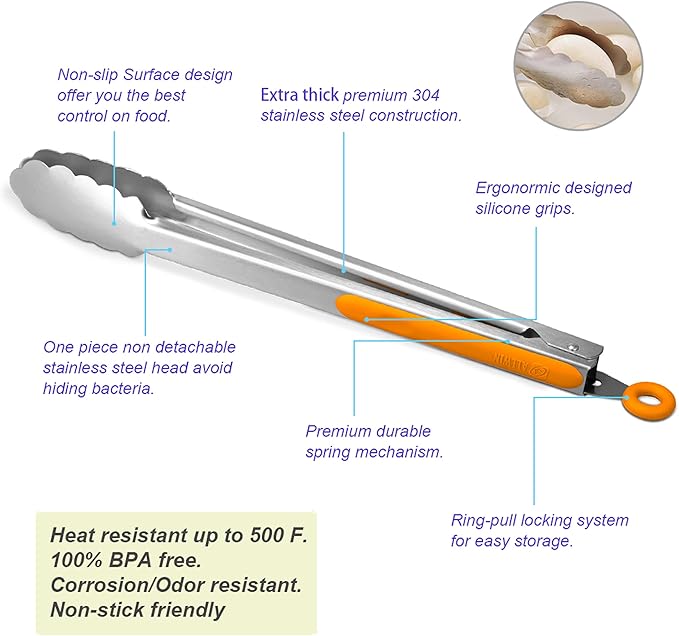 304 Stainless Steel Kitchen Cooking Tongs, 12" and 14" Set of 2 Sturdy Grilling Barbeque Brushed Locking Food Tongs with Ergonomic Grip, Orange