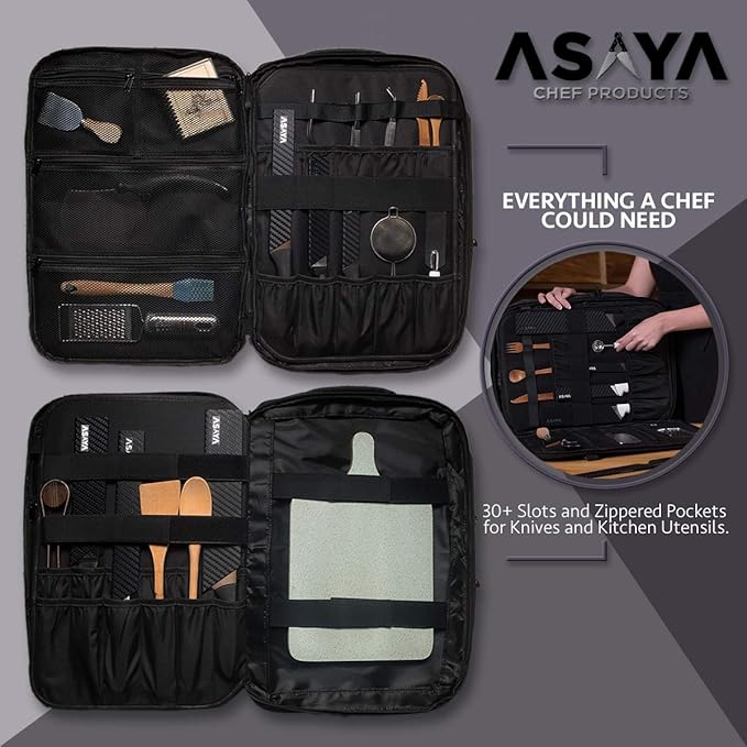 Asaya Chef Knife Backpack with 20 Pocket Knife Roll Bag - Over 30 Pockets for Knives - Knives Not Included (Black)