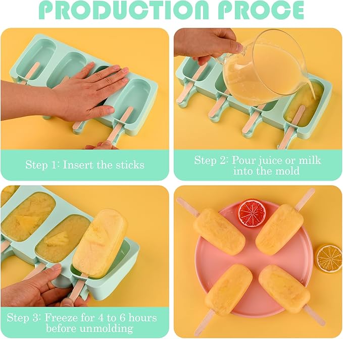 Sakolla Large Silicone Popsicle Molds Set of 3, Oval 4 Cavities Homemade Ice Pop Molds with 150 Wooden Sticks for Ice Cream, Cakesicles, Cake Pop (Green)