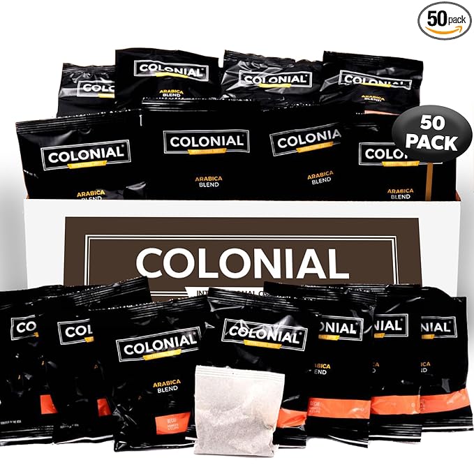 Colonial In-Room Decaf Ground Coffee Filter Packs for Hotel Rooms, Decaffeinated Dark Roast, 0.50 Ounce (Pack of 50), Use with 4-Cup Drip Coffee Machine