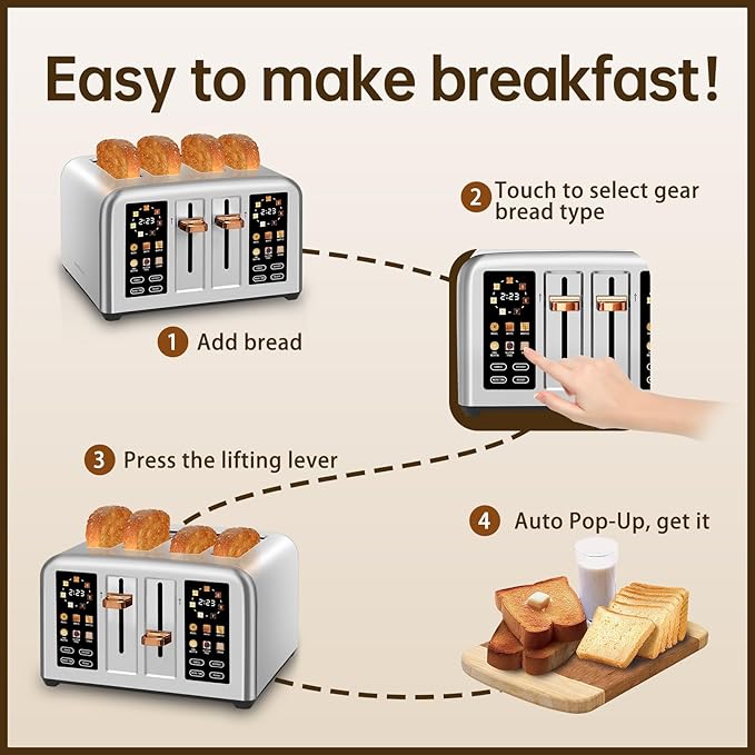 SEEDEEM Toaster 4 Slice, Stainless Steel, Touch Screen for Dual Control, Digital Timer, Smart Toaster with 6 Bread Type, 7 Shade Setting, 1.5''Wide Slot, Removable Crumb Tray, 1800W, Silver Metallic