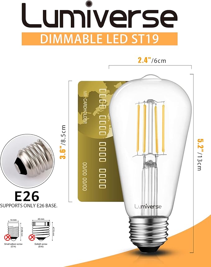 Lumiverse 90 Pack E26 led Bulb 60 watt dimmable Vintage LED Edison Bulbs 5.5W, 60W Equivalent, 2700K Soft White, Antique Style ST19/ST58 LED Light Filament Bulbs, CRI 90+, E26 Base