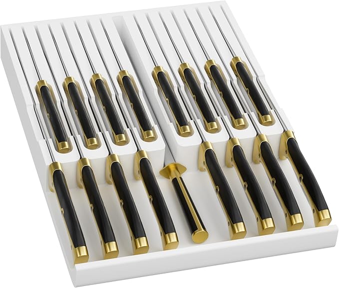 Domax Bamboo In-drawer Knife Block - Knife Drawer Organizer Insert Large Handle Steak Knife Holder, Kitchen Drawer Knife Organizer Fits for 16 knives and 1 Sharpening Steel (Not Included), White