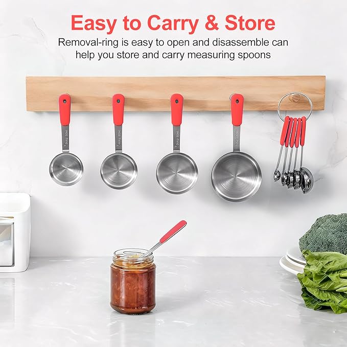 Measuring Cups and Spoons Set, Stainless Steel 10 Piece for Cooking and Baking (5 Cups + 5 Spoons, Red Handle)