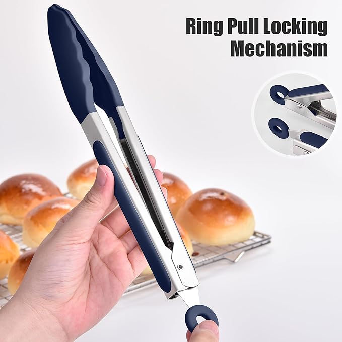 Doosu Kitchen Tongs for Cooking - 600°F Heat Resistant Food Tong Set with Non-Scratch Silicone Tips, Heavy Duty Stainless Steel Locking Tong for BBQ, Grilling Steak, Serving Salad (9+12in, Navy Blue)
