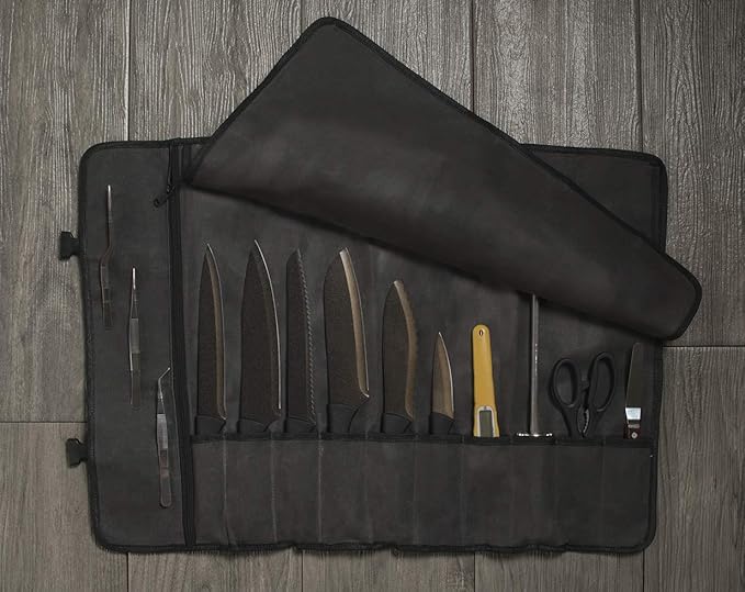 Asaya Canvas Chef Knife Roll Bag - 10 Knife Slots and a Large Zipper Pocket - Durable 10oz Canvas Knife Case with an Adjustable Shoulder Strap - Knives not Included