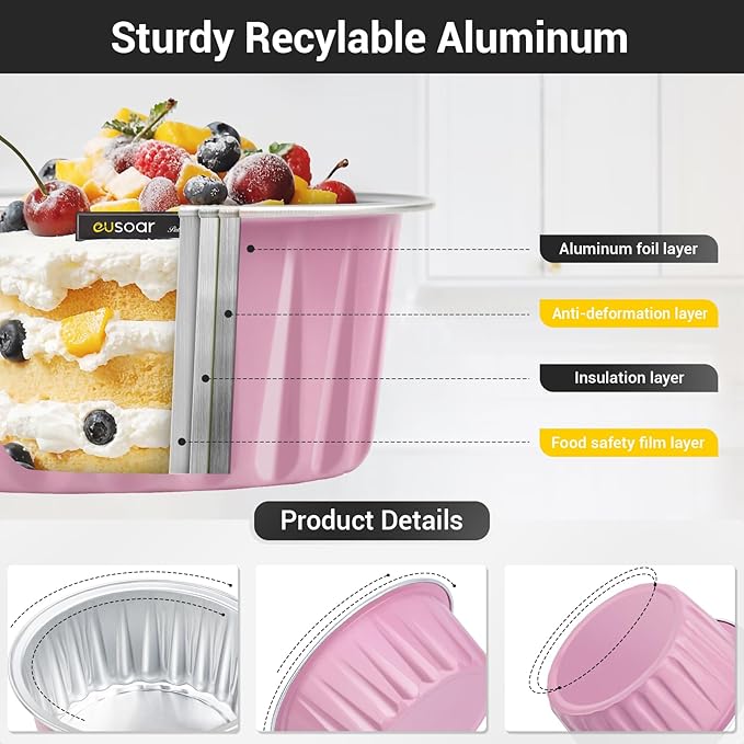 EUSOAR Cupcake Liners, 5oz 100pcs Aluminum Foil Cupcake Liners, Muffin Liners Cups with Lids, Disposable Aluminum Foil Cupcake Baking Cups Holders Cases Boxes Pans with Lids