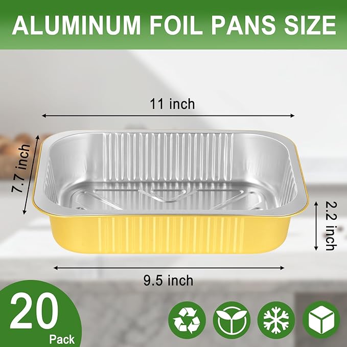 20 Pack 5LB Gold Aluminum Foil Pans with Lids Heavy Duty 11"×8"×2" Foil Food Containers with Lids, Tin Foil Pans for Baking, Meal Prep, Freezer, Heating and Takeout
