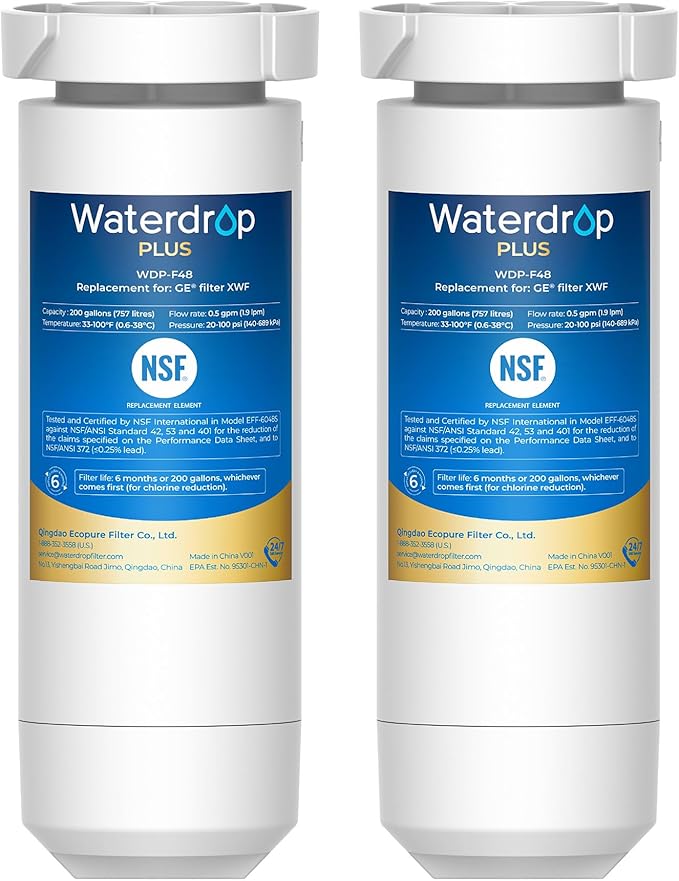 Waterdrop Plus XWF Replacement for GE® XWF, WR17X30702, NSF/ANSI 401&53&42&372 Certified, 𝐑𝐞𝐝𝐮𝐜𝐢𝐧𝐠 𝐏𝐅𝐀𝐒, 2 Filters