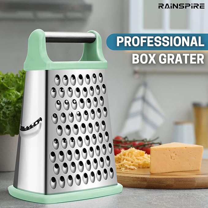 Rainspire Professional Box Grater, Cheese Grater Box for Kitchen Stainless Steel with 4 Sides, Cheese and Spice Graters with Handle for Vegetables, Ginger, Potatoes, Mint