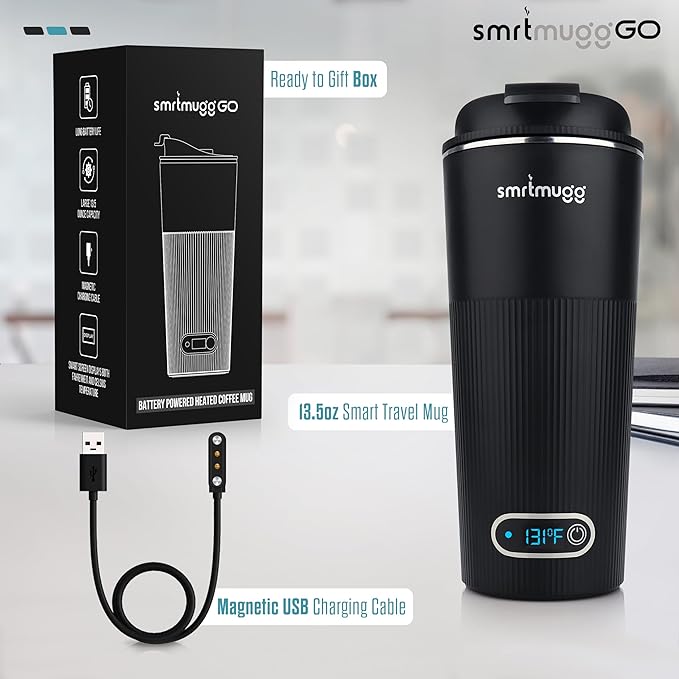 GO Heated Coffee Mug, Travel Mug, 13.5 OZ. Smart Mug, Battery Powered Heated Coffee Mug, Great for Coffee and Tea, Snap on Magnetic Charging Cord, New and Improved (Black)