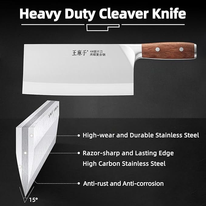 Chef Knife Chinese Cleaver Knife German Stainless Steel Kitchen Knife Ergonomic Comfortable Handle Non-stick Razor-sharp Blade Over 300 Years of Brand(7inch, Silver Black)