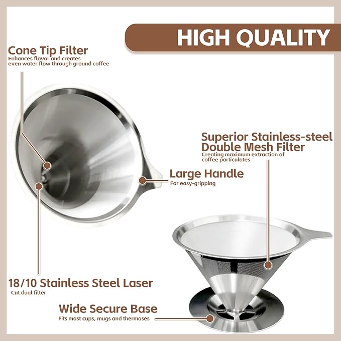 Pour Over Coffee Dripper Stainless Steel Coffee Filter Metal Cone Filter Extra Fine Wire Mesh Reusable Coffee Filter Coffee Maker (Silver, 1-6 Cups)