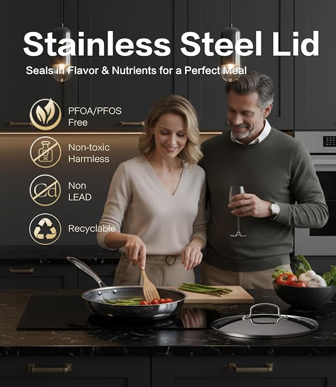 Non Stick Frying Pans with Lids, 12 Inch Fry Pan, Hybrid Large Frying Pan with Lid, Nonstick Skillet Stainless Steel, Dishwasher & Oven-Safe, Induction Compatible Cooking Pan