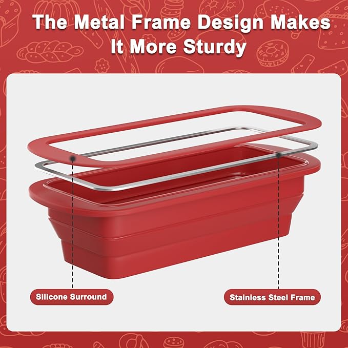 Silicone Bread Loaf Pan With Foldable Function and Metal Reinforced Frame,Rectangular Non-Stick Baking Mold Pans for Oven, Bread, Cake, Easy Release(9"x4"x2.5", Red, 1 Piece)
