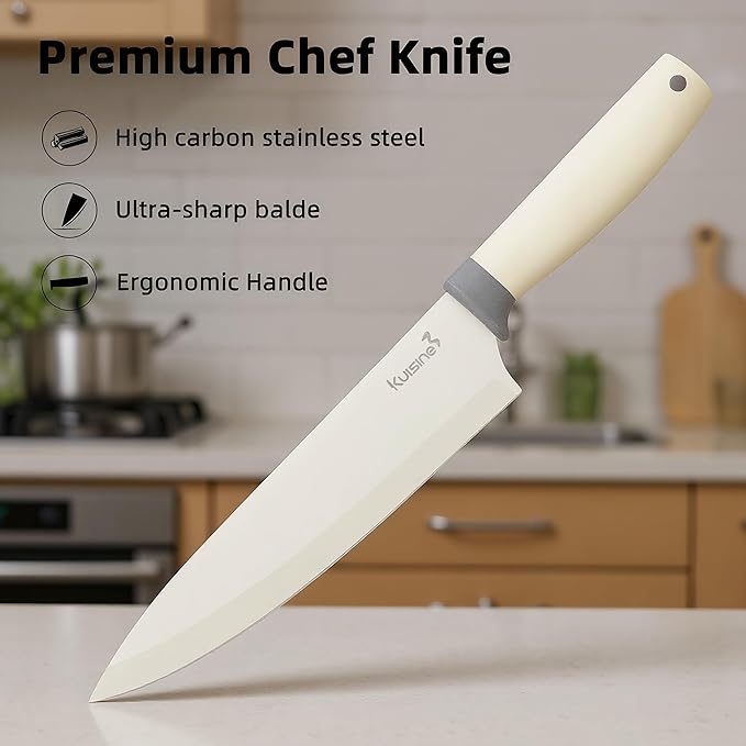 KUISINE Sharp Chef Knife Set Upgraded,High Carbon Stainless Steel Ergonomic Handle Knife Set with 3-hole Bottom Block,Easy to Drain and Clean(Ivory Silver Pro,6PCS)