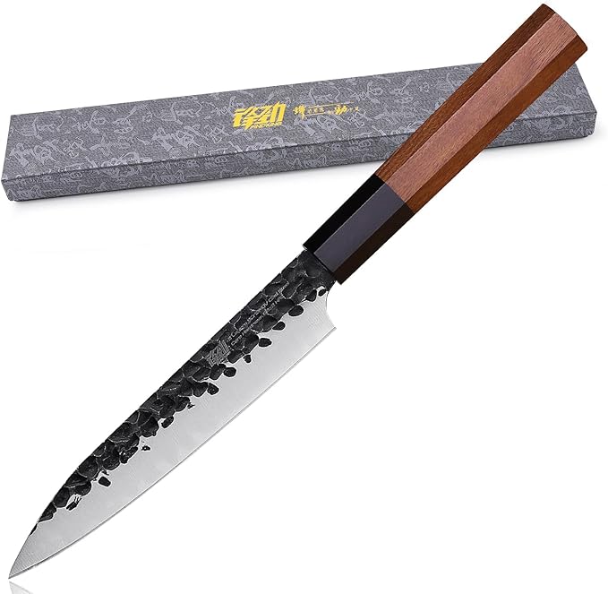 FINDKING Dynasty Series Kitchen Utility Knife, Multi-Purpose Japanese Paring Knife, 9Cr18MoV High Carbon Steel Blade, African Rosewood Octagonal Handle, Small, for Fruits Vegetables, 5 Inches