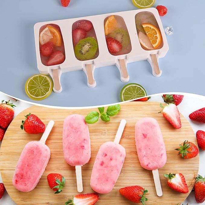 WMKGG Popsicle Silicone Molds Set, 2 PCS Ice Cream Molds with 50 Wooden Sticks for Cake Pop, Ice Pop, Cakesicles, (Standard Size/White) …