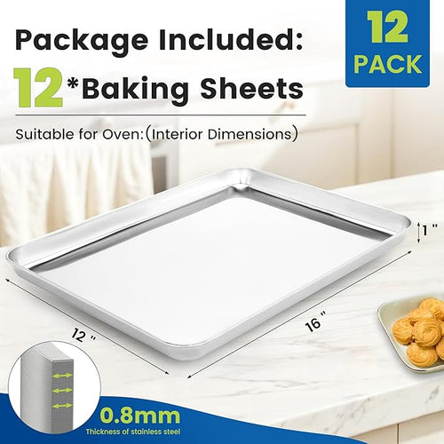 12 Pack Stainless Steel Baking Sheet Pans, 16" L × 12" W × 1" H Cookie Sheets for Toaster Oven, Rust-Resistant, Dishwasher Safe