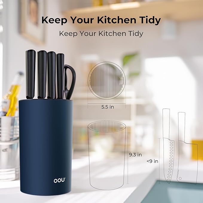 OOU Universal Knife Block Holder - Round Kitchen Knife Storage Unique Slot Design to Protect Blades, Space Saver Knife Organizer Detachable for Easy Cleaning, Blue