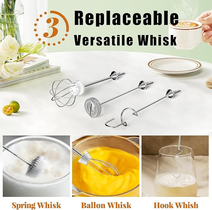 Nahida Black Milk Frother Wand for Coffee, Frother Handheld Rechargeable Electric Whisk Drink Mixer with 3 Heads 3 Speeds Coffee Frother Electric Stirrer For Latte, Cappuccino, Hot Chocolate