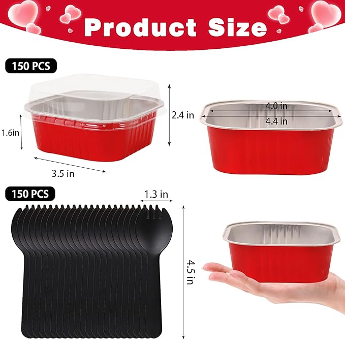 FORBFAN 10 oz Mini Disposable Cake Pans with Lids, 150 Pack Aluminum Foil Square Baking Cups with Spoons, Disposable Baking Cake Tins Red