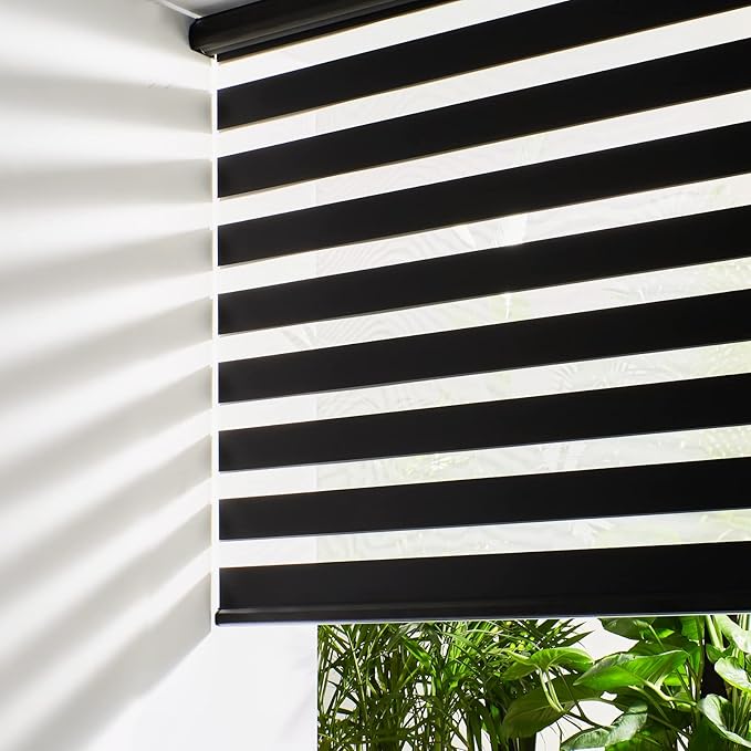 Persilux Cordless Zebra Blinds for Windows Free-Stop Roller Windows Shades (34" W X 72" H, Black) Dual Layer Light Control for Day and Night, Light Filtering Sheer Shades for Home, Easy to Install