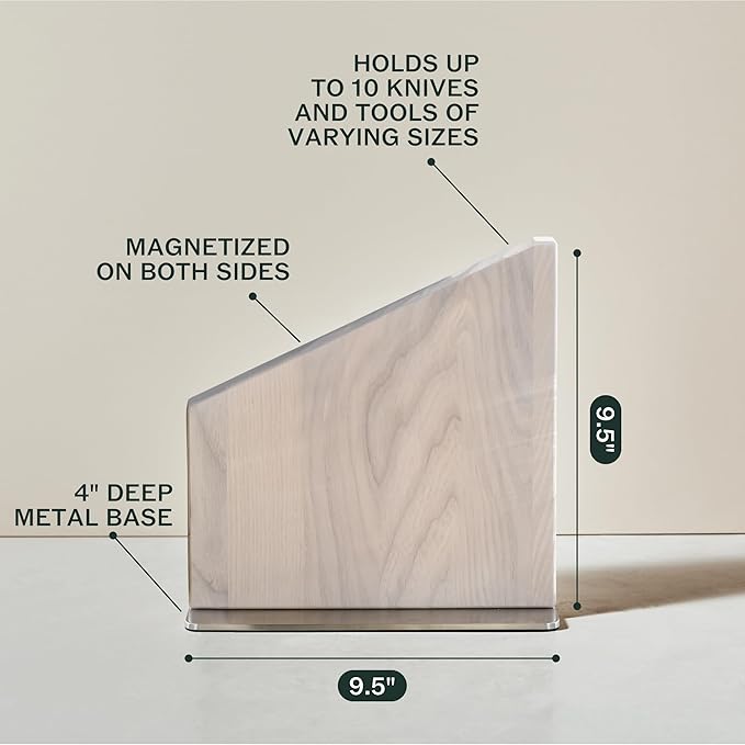 Material Knife Stand, Magnetic Wood Modern Knife Block for Safe Storage and Display of Knife Sets, Large Capacity for 10 knives, White Ash