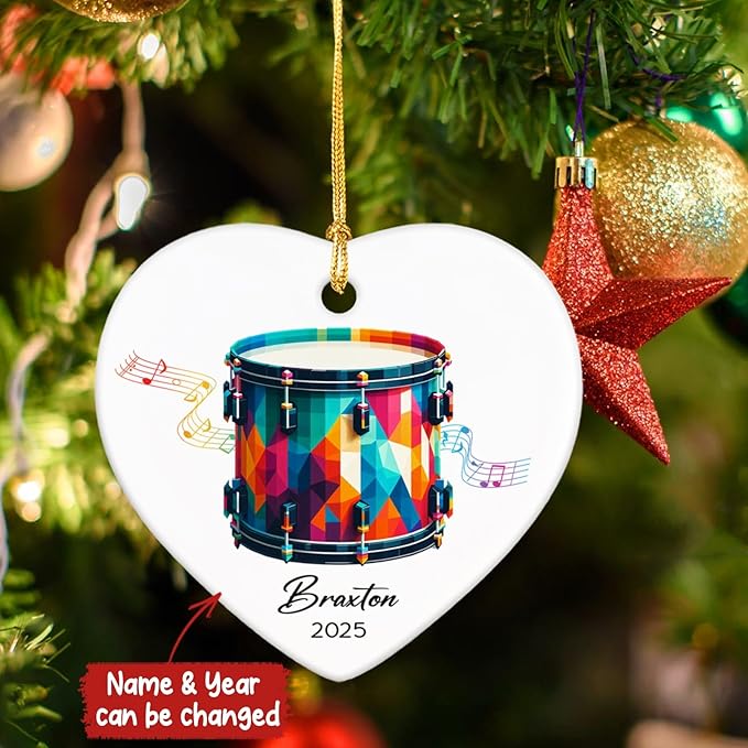 Personalized Drum Xmas Ceramic Ornaments Gifts for Band Music, Drummer Ornament Keepsake 2025, Customized Name & Year Drum Instrument Lovers Ceramic Ornaments, Drumming Player Christmas Ornament Tree