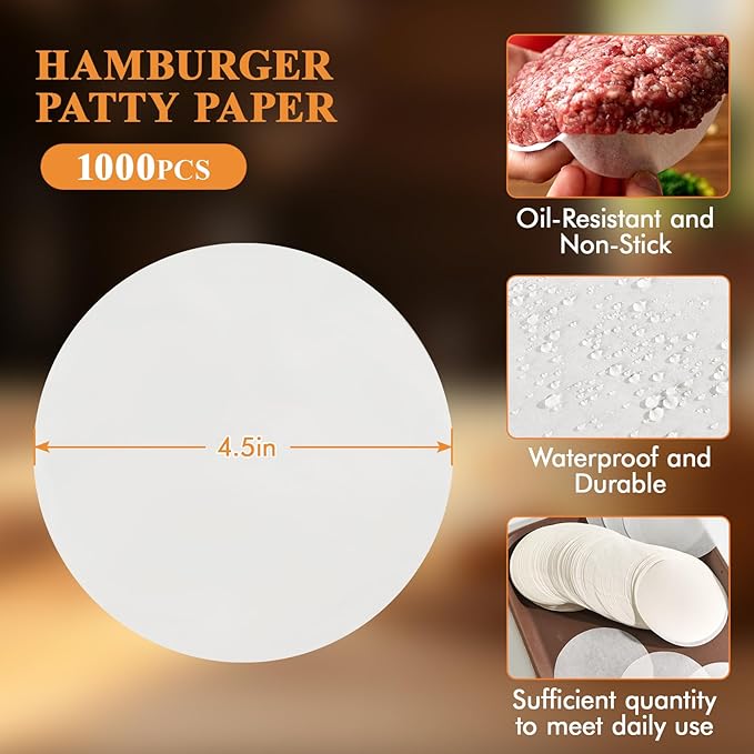 MUCHII 1000 Pcs 4.5 Inch Burger Patty Paper Rounds, White Baking Parchment Rounds, Non-Stick Sheets for Separating Patties, Baking Cookies, Bread, and More