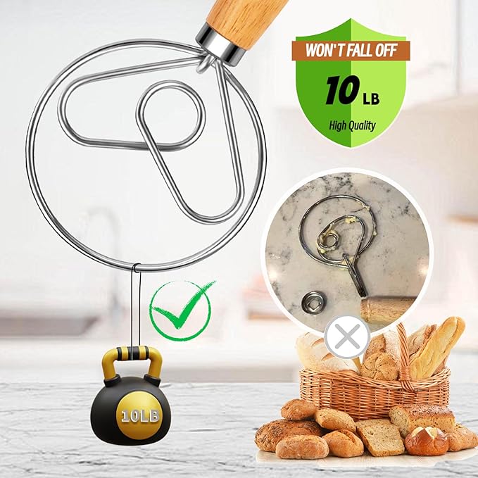 Danish Dough Whisk Stainless Steel Hook Dutch Style Bread Mixer with Wooden Handle for Sourdough Making Tools