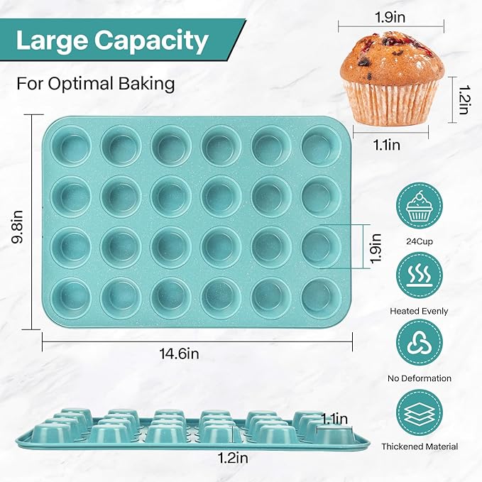 2-Pack Light Blue 24-Cup Ceramic Mini Muffin Pan – Non-Stick Muffin Tin, PFOA-Free, Healthy Baking, Perfect for Cupcakes, Breakfast Treats & Party Delights