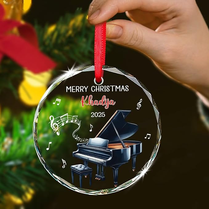 Personalized Piano Player Xmas Ornament Glass 2025, Piano Christmas Keepsake Gifts for Music Teacher Pianist, Musical Instrument Christmas Tree Decorations, Custom Text & Name Pianist Glass Ornament