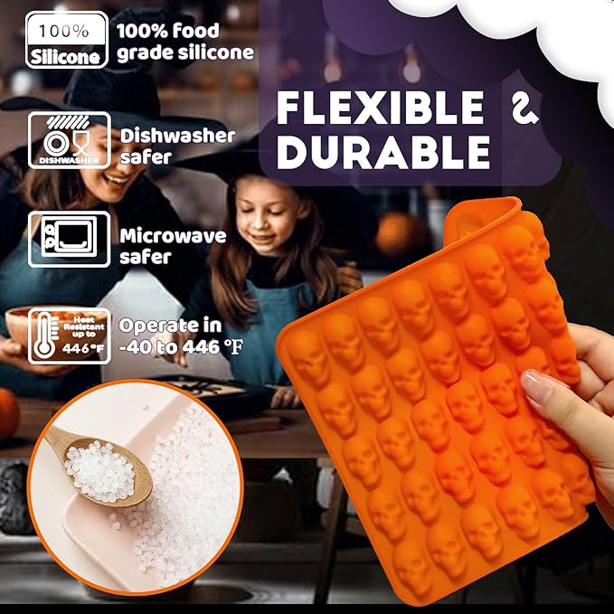 Mini Skull Molds Silicone Halloween for Candy Gummy Chocolate, 100 Cavity 2 pcs Small Head Shapes Freezing Tray Party Homemade 3D Caprese salad Wax Melts DIY Moulds BPA Free Kids Oven Safe
