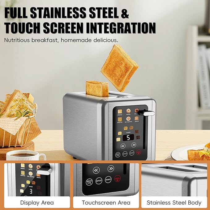 Touch screen Toaster 2 slice,Stainless Steel Digital Timer Toasters with Sound Function,6 Bread Types & 6 Shade Settings,Smart Extra Wide Slots Toaster with Bagel,Defrost Functions,Platinum